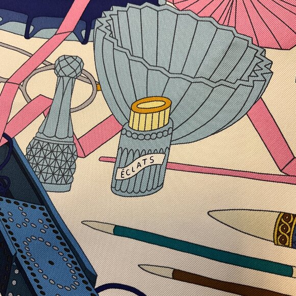 Hermes Ivory / Blue / Pink Multi Les Tresors d'Un Artiste Square Silk Twill Scar - Picture 9 of 10
